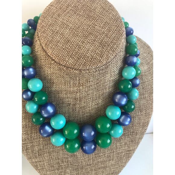 Vintage Blue Green Double Strand  Graduated Plastic Necklace - Picture 1 of 4